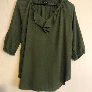 a.n.a Army Green V-Neck Ruffle 3/4 Sleeve Top